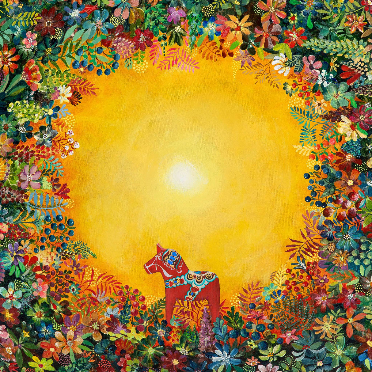 “Light of Grytnäs” by Swedish artist Nadja Wedin features a red Dala horse among vibrant flowers, illuminated by a bright yellow center and surrounded by intricate floral patterns.