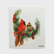 Swedish dishcloth with a male and female cardinal perched in a wreath of evergreen branches, berries, and pinecones.