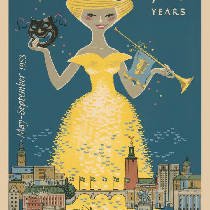 This poster, titled "Stockholm 700 Years - Come to Sweden," features an illustration of a smiling figure in a yellow dress holding a theatrical mask and trumpet, evoking the style of vintage posters. The background showcases a cityscape with the text "May-September 1953" and "700 Years" against a blue backdrop. It is printed on high-quality matte paper and measures 50 x 70 cm.