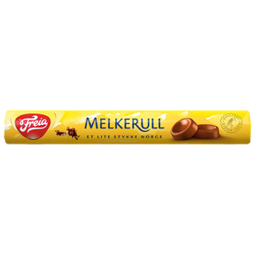 Yellow Freia Melkerull package with images of chocolate pieces, cows, and the Norwegian phrase “Et Lite Stykke Norge” on the front.