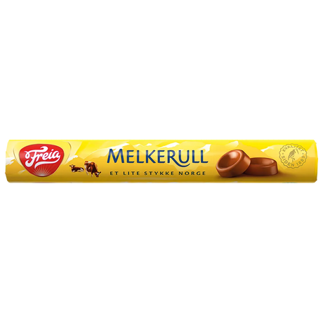 Yellow Freia Melkerull package with images of chocolate pieces, cows, and the Norwegian phrase “Et Lite Stykke Norge” on the front.
