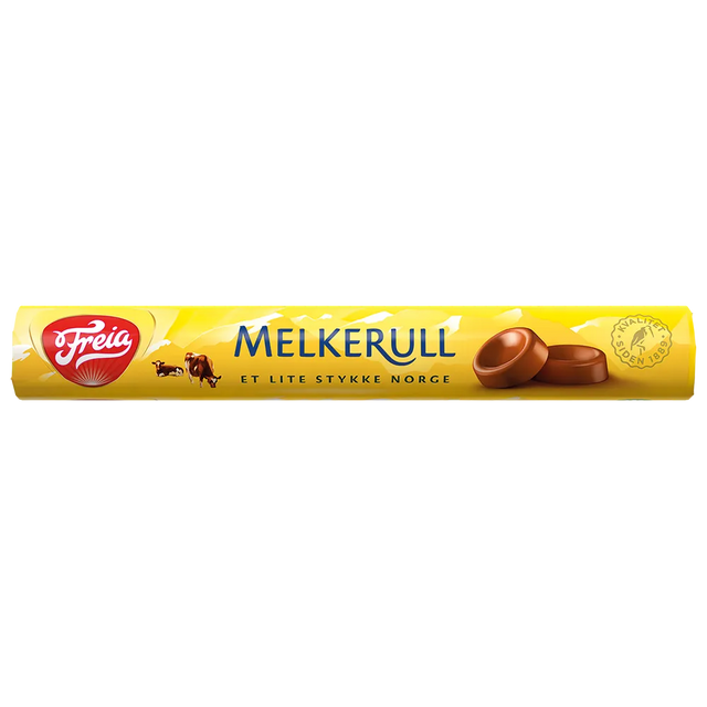 Yellow Freia Melkerull package with images of chocolate pieces, cows, and the Norwegian phrase “Et Lite Stykke Norge” on the front.
