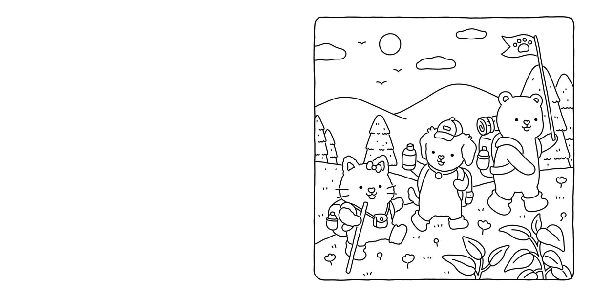 Three cute cartoon animals—a cat, dog, and bear—explore a mountain forest in the Fuzzy Hygge Cute and Cozy Coloring Book by Vivi Tinta (paperback), from Penguin Random House LLC. Perfect for stress relief and cozy coloring sessions!.