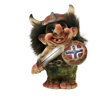 The Viking Troll from NyForm, featuring a traditional helmet and a sword alongside its Norwegian shield, stands proudly against a plain backdrop—a perfect collector's item for enthusiasts of Norwegian design.