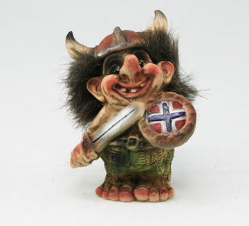 The Viking Troll from NyForm, featuring a traditional helmet and a sword alongside its Norwegian shield, stands proudly against a plain backdrop—a perfect collector's item for enthusiasts of Norwegian design.