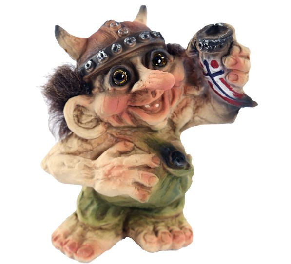 The Troll: Norwegian Viking with Helmet & Drinking Horn with Norwegian Flag figurine features a horned helmet, a drinking horn, green pants, and a wide grin, capturing playful Nordic charm.