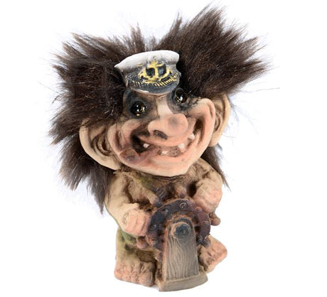 The Troll: NyForm - Skipper Troll with Pipe (3.25 tall) features playful Norwegian design, sporting wild hair, a captain’s hat, and holding a ship’s wheel—standing out against a white background.