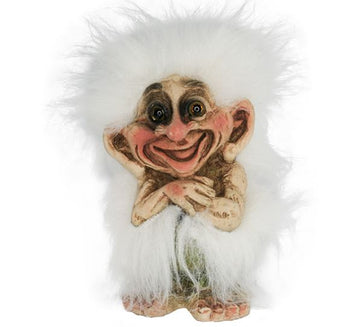 The Troll: NyForm - White Hair Troll is a small figurine with large ears, a wide grin, exaggerated features, and fluffy white hair—a classic Norwegian design perfect for collectors.