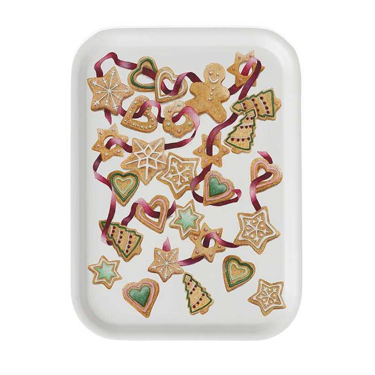 An eco-friendly Nordic birch veneer tray, featuring a Gingerbread Man design, beautifully showcases an assortment of star, heart, and tree-shaped cookies with gingerbread figures, all tied together with red ribbons. Made in Europe.