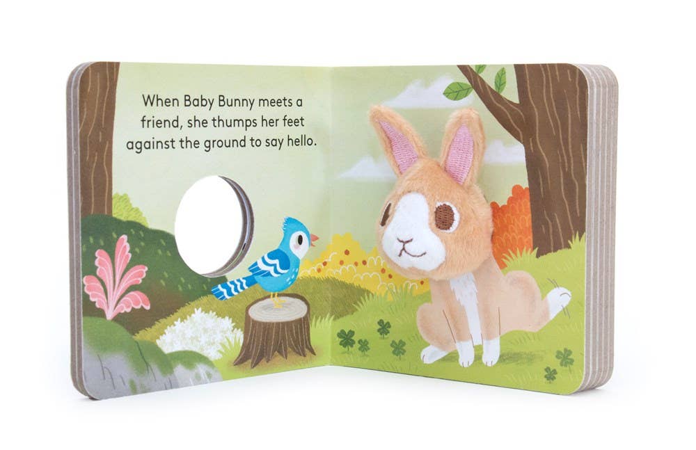 The Book: Baby Bunny Finger Puppet Book is an interactive board book featuring a brown bunny puppet and a bluebird in a grassy outdoor scene—perfect for your baby’s first book.