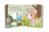 The Book: Baby Bunny Finger Puppet Book is an interactive board book featuring a brown bunny puppet and a bluebird in a grassy outdoor scene—perfect for your baby’s first book.