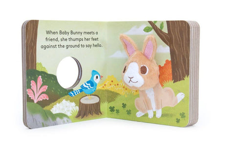 The Book: Baby Bunny Finger Puppet Book is an interactive board book featuring a brown bunny puppet and a bluebird in a grassy outdoor scene—perfect for your baby’s first book.