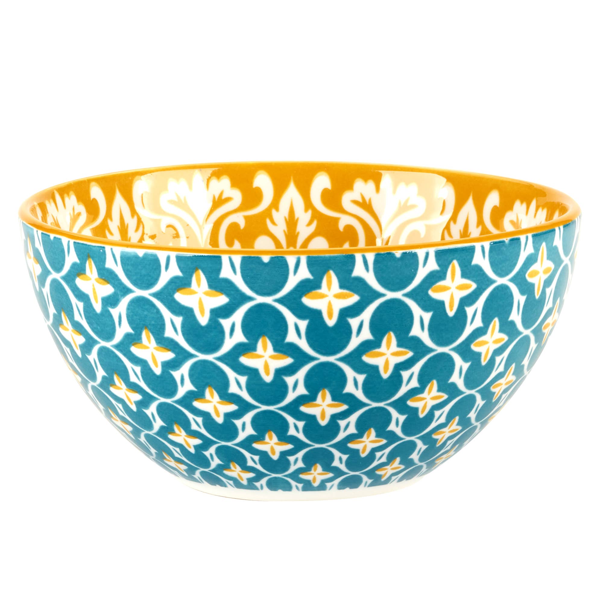 The Bowls: Multi-Color Patterned Porcelain All Purpose Bowl 6.25in set of 6 features blue and white geometric designs on the outside with a yellow floral motif inside, making it ideal for versatile use.