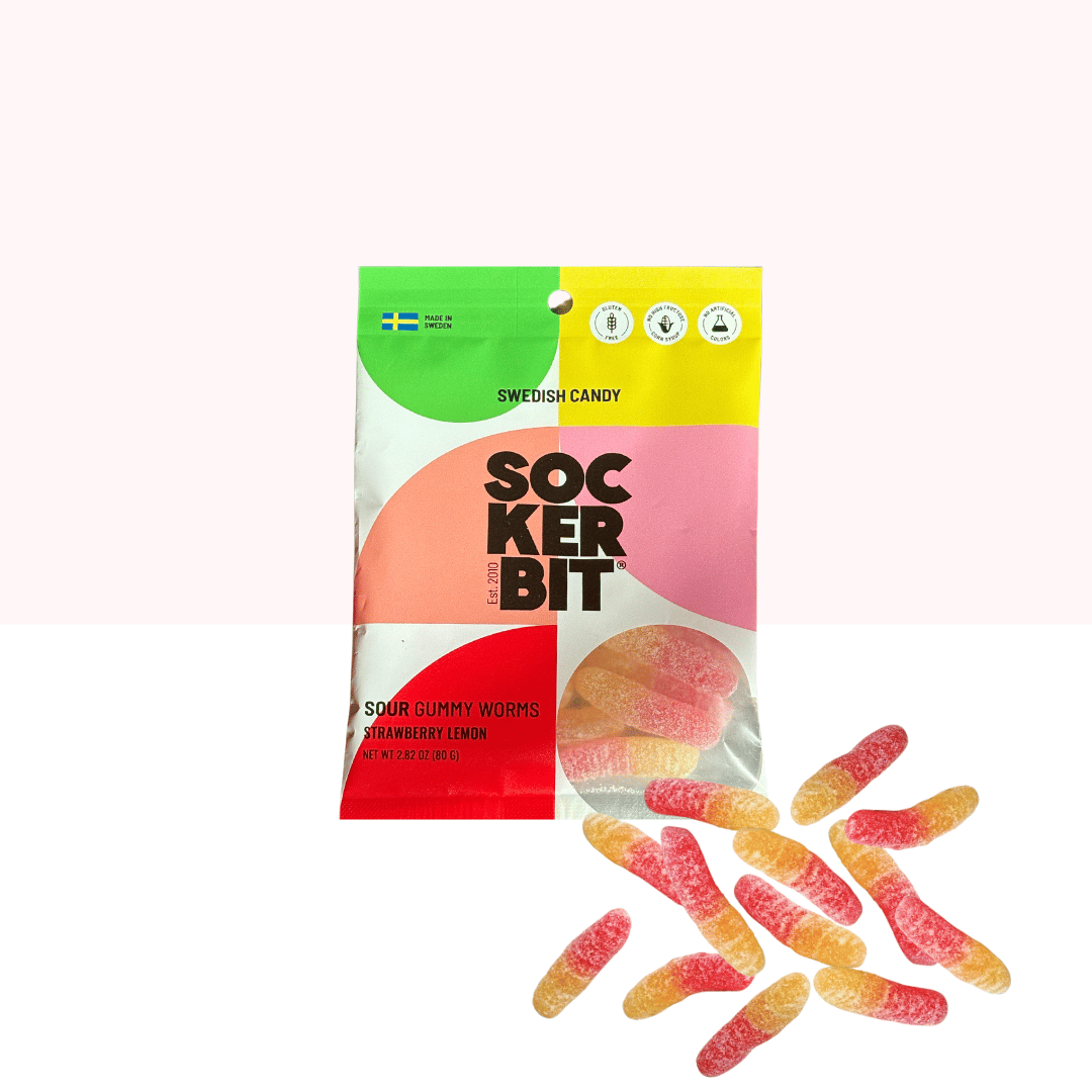 A bag of Candy: Sour Gummy Worms Swedish Candy, featuring gluten free, strawberry lemon sour gummy worms, with assorted colorful treats displayed in front.