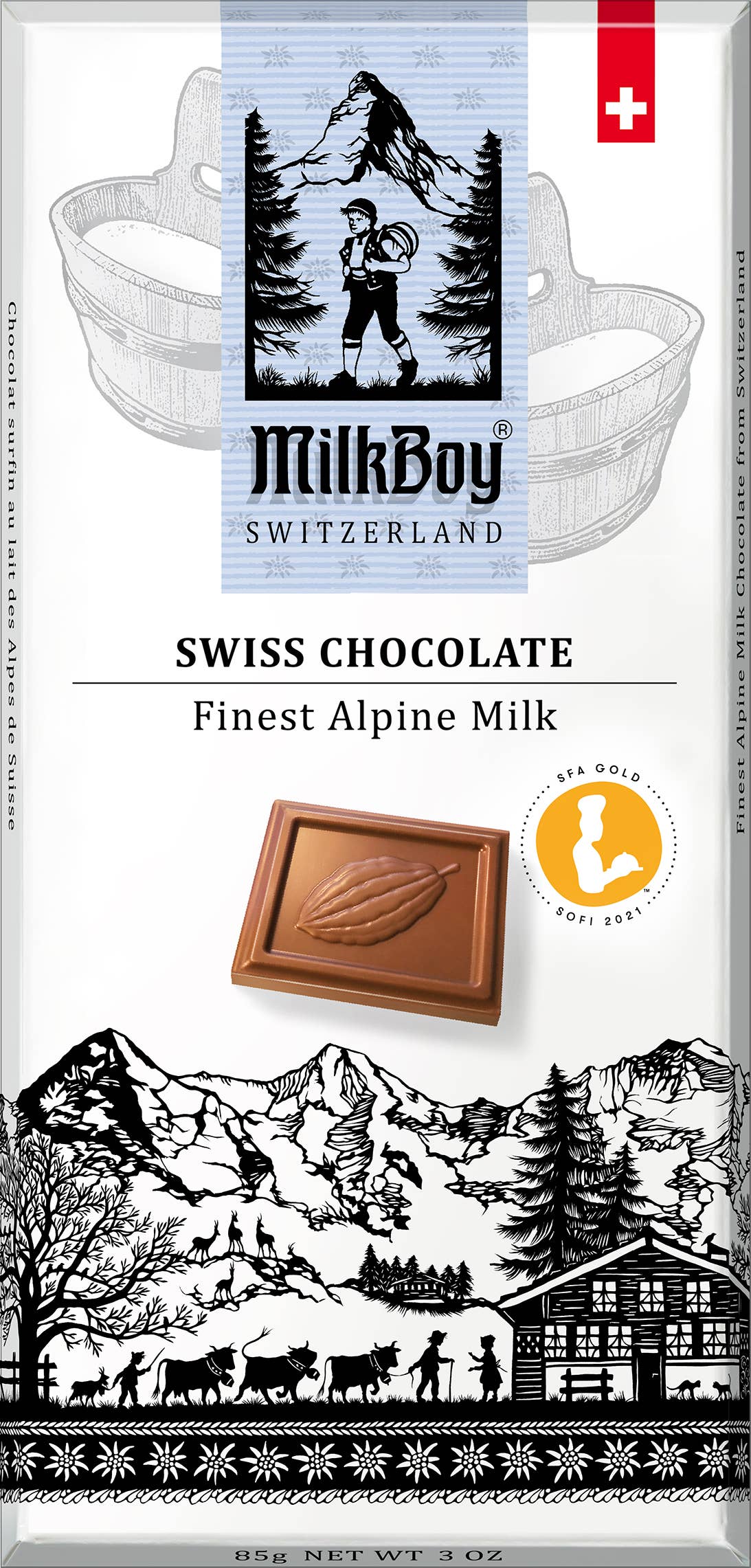 Front of a MilkBoy Swiss Chocolate 3 oz Alpine Milk Chocolate bar wrapper featuring Swiss alpine imagery, a chocolate square, and the text: Swiss Chocolate Finest Alpine Milk.