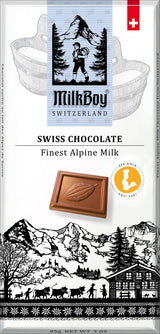 Front of a MilkBoy Swiss Chocolate 3 oz Alpine Milk Chocolate bar wrapper featuring Swiss alpine imagery, a chocolate square, and the text: Swiss Chocolate Finest Alpine Milk.