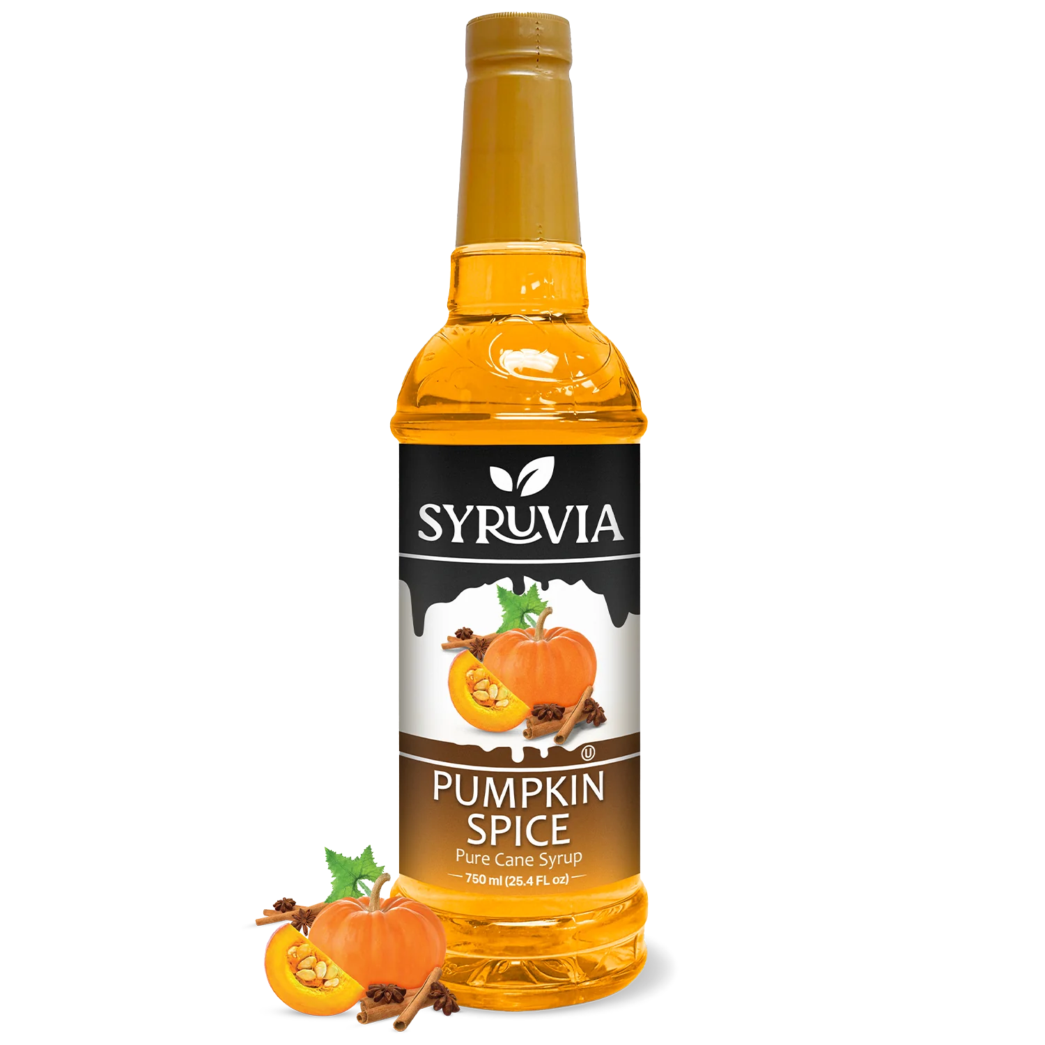A bottle of Syrup: Pumpkin Spice Coffee Syrup Syurvia Pure Cane Sugar with pumpkin and spices on the label, plus real pumpkin and spices beside it—ideal for adding rich, spiced flavor to your coffee and drinks.