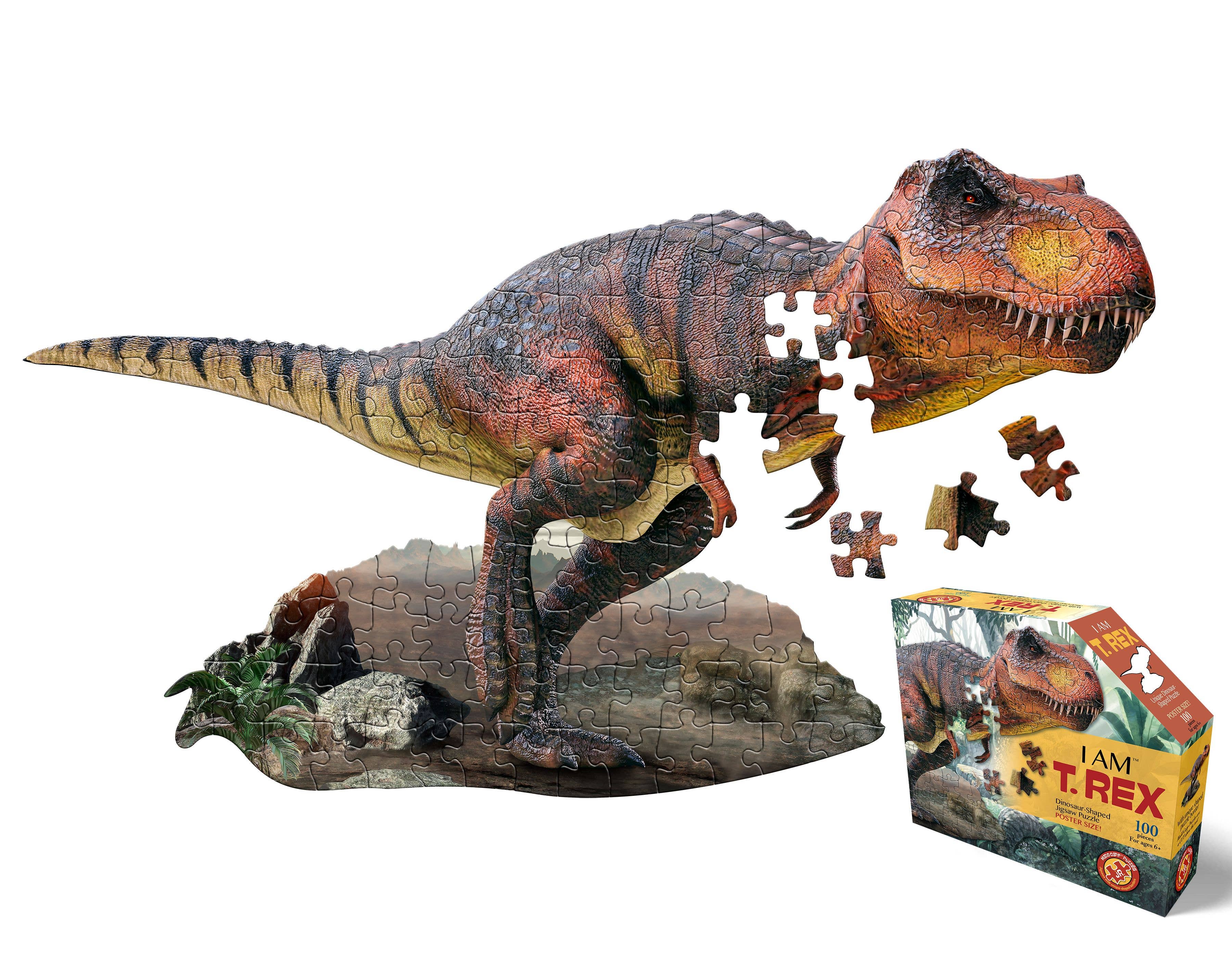 This intriguing 3D animal-shaped jigsaw puzzle, known as the "Puzzle: I AM T. Rex 100 piece," comes partially assembled with some pieces floating nearby. Accompanied by its puzzle box, it provides an engaging challenge filled with educational Fun Facts about the magnificent T-Rex dinosaurs.