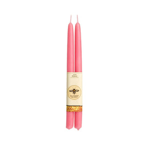 The 100% Beeswax Taper Candle Pair (12" long) features hand-crafted pink tapers that provide a clean-burning glow for any occasion.
