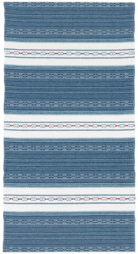 The Astor Blue rug, featuring blue and white stripes complemented by red accents and intricate patterns, provides a maintenance-free, durable design made from Swedish vinyl.