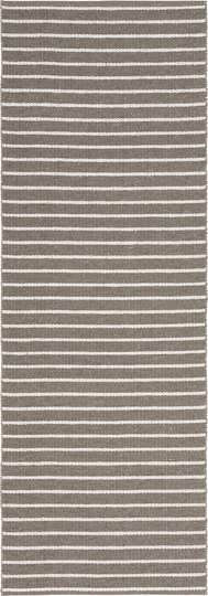 A dark gray rectangular Swedish vinyl rug named Horredsmattan - Music features white horizontal stripes in a uniform pattern.