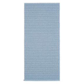 A Swedish-inspired blue rectangular yoga mat, crafted from a durable cotton/vinyl blend with a subtle textured pattern, is the Cotton/Vinyl Rug: Horredsmattan - Plastic Mai Blue 70x150cm.