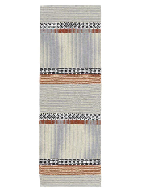 The Savanne Light Grey Vinyl rug showcases a rectangular design with geometric patterns, highlighted by rust orange and black lines on a light grey background. Made by Horredsmattan, this Swedish vinyl rug is crafted for durability, providing both style and resilience to any space.