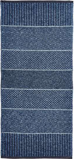 The Mixed Alice rug in blue, crafted from cotton and vinyl, is a rectangular Swedish design featuring alternating light and dark horizontal stripes with various geometric patterns. Suitable for both indoor and outdoor use.