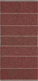 Swedish vinyl woven rug in burgundy, featuring alternating patterned stripes, ideal for indoor and outdoor use with easy-care cleaning.