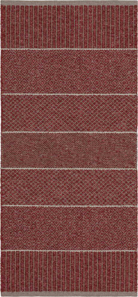 Swedish vinyl woven rug in burgundy, featuring alternating patterned stripes, ideal for indoor and outdoor use with easy-care cleaning.