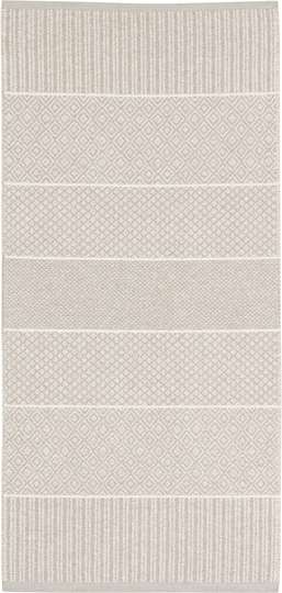 Rug: Mixed Alice - Sand features a sophisticated design with beige and cream colors, showcasing geometric patterns in alternating horizontal stripes. It's crafted from a blend of cotton and Swedish vinyl, making it suitable for both indoor and outdoor use while allowing for easy maintenance.