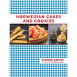 Cover of Book: Norwegian Cakes and Cookies by Sverre Saetre, photography by Christian Brun, showing three Nordic desserts on a blue-and-white checkered background. Features classic pastry recipes and favorite Norwegian cakes.