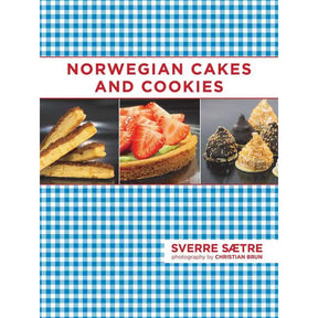 Cover of Book: Norwegian Cakes and Cookies by Sverre Saetre, photography by Christian Brun, showing three Nordic desserts on a blue-and-white checkered background. Features classic pastry recipes and favorite Norwegian cakes.