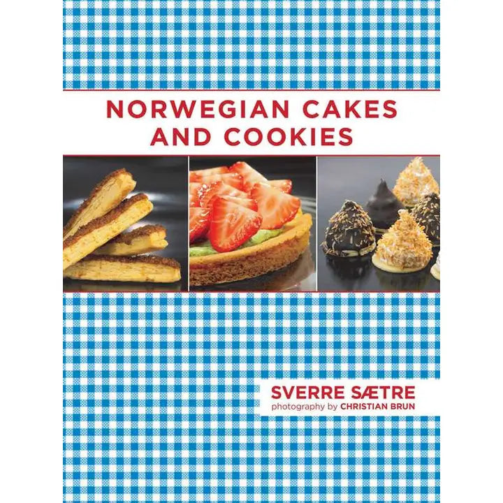 Norwegian Cakes and Cookies book cover, authored by renowned pastry chef Sverre Sætre, displayed on a blue gingham background with images of layered Norwegian desserts, a strawberry tart, and assorted cookies.