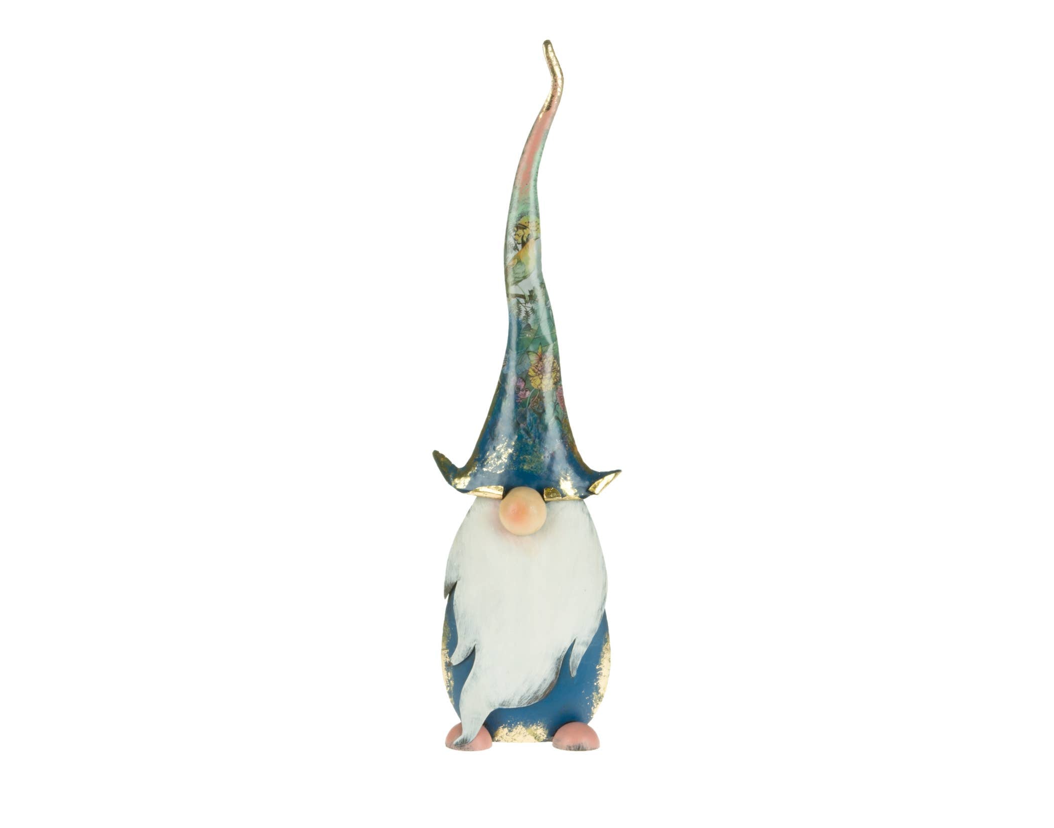 The 20 Metal Blue Gnome from Decor, featuring a long pointed hat, white beard, and blue outfit against a white background, adds charm to your gnome decor.