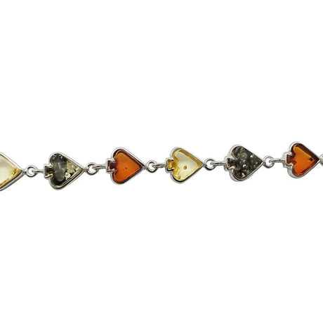 The Multi-Color Baltic Amber .925 Silver Spade Link Bracelet, 7.5" long, showcases heart-shaped amber charms in yellow, orange, and dark green for a striking and elegant accent.