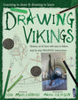 Book cover for "Drawing the Vikings History, Art, and Facts with Easy-to-Follow Drawing Instructions" featuring Viking illustrations, a longship, coins, pencils, and text about learning to draw and fun Viking history for kids.