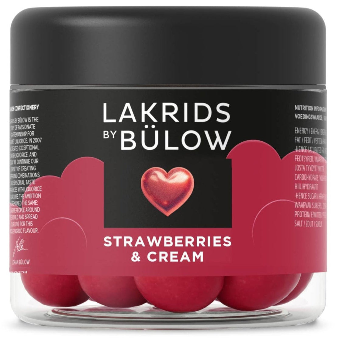 A 125g jar of Lakrids by Bülow Strawberries & Cream Danish chocolate coated licorice—Limited Edition, with a black label featuring a heart and red candies inside, celebrating Danish love.