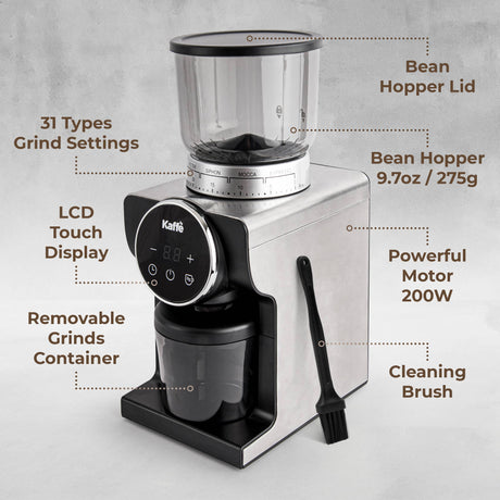 The Coffee Grinder: Electric Conical Burr Coffee Grinder – Precision Grinding with Digital Control features a 200W motor, LCD display, bean hopper with lid, removable grinds container, cleaning brush, and 31 grind settings.
