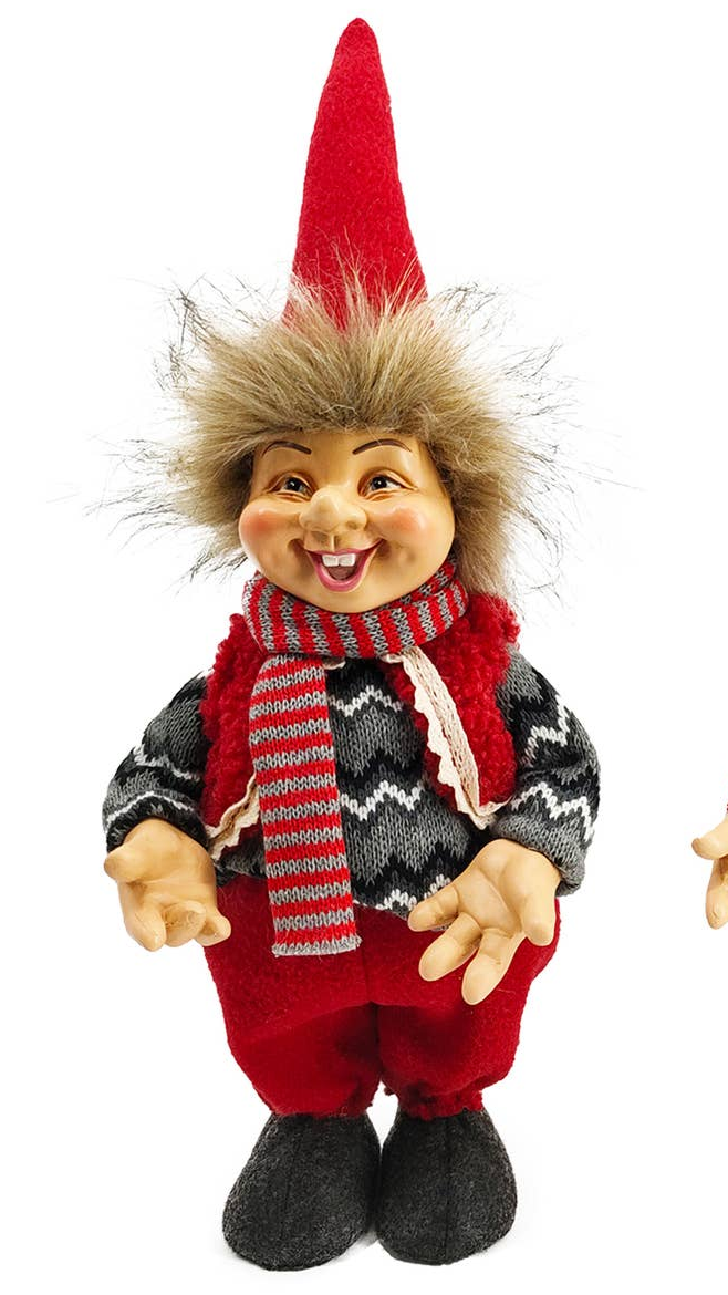 The Troll: Truly the Troll Boy or Girl, 12" tall, stands upright in a red pointed hat, furry hair, and festive outfit—a charming Nordic Christmas decor piece against a white background.
