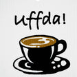 The Uffda Coffee Swedish Dish Cloth features an illustration of a coffee cup on a saucer, with uffda! above it, crafted from biodegradable materials for an eco-friendly touch.