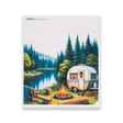 Swedish dishcloth with an illustration of a camper trailer by a lake, surrounded by pine trees and a campfire, in a Nordic wilderness style.