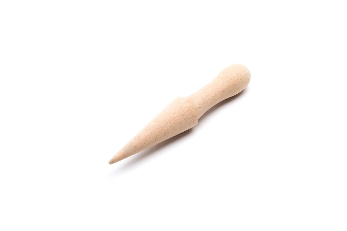 The Beechwood Krumkake Cone Roller (1.5" x 1.5" x 8.25") features a pointed end and rounded handle, shown on a white background.