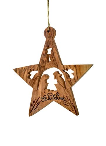 This 3" wooden star ornament from Bethlehem features a carved nativity scene with angels and a hole at the top for hanging on your Christmas tree.