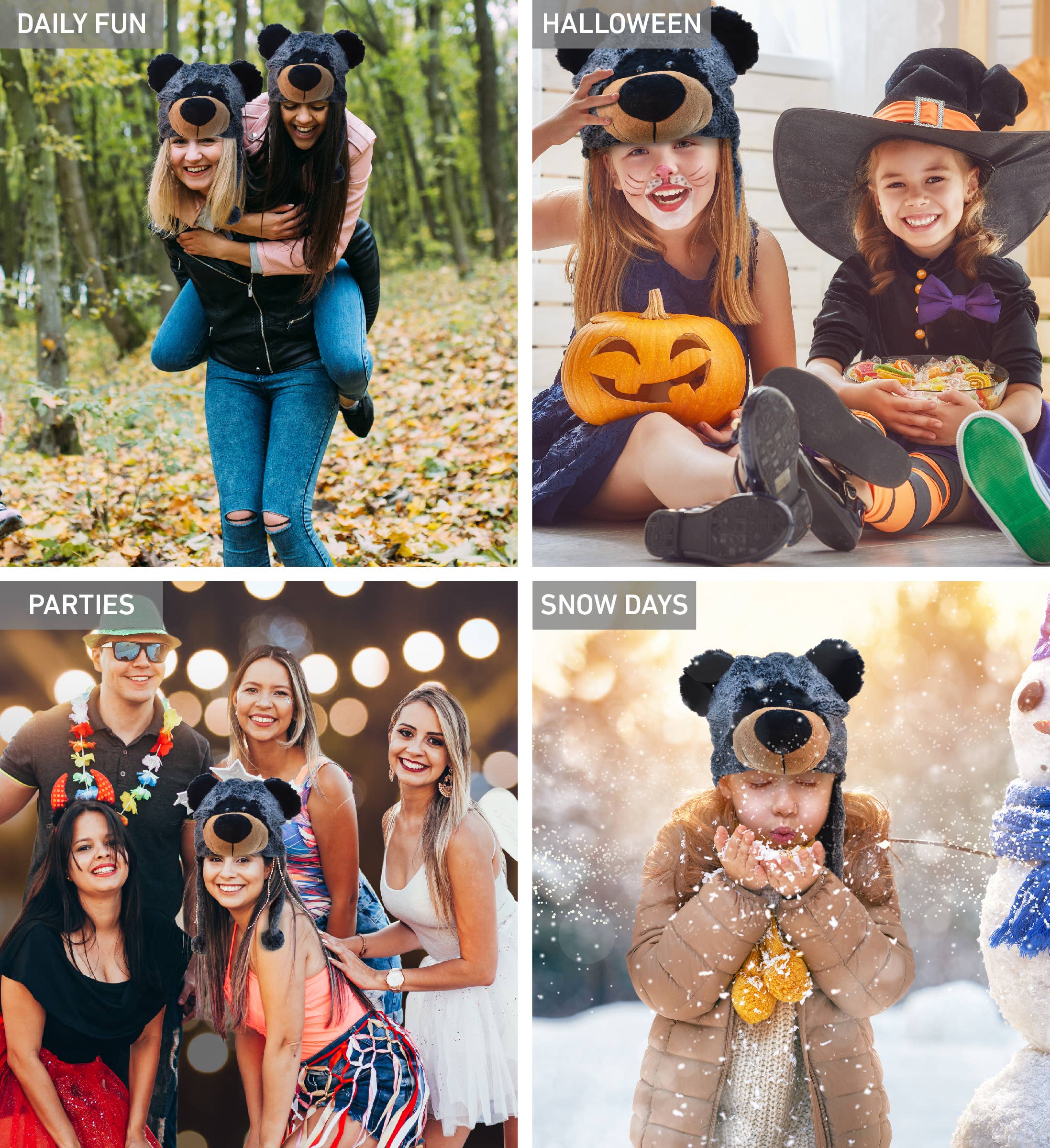 A collage of four photos features people enjoying the Super-Soft Plush Black Bear Hat during daily fun, Halloween, parties, and snowy days.