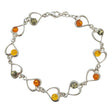 The Multi-Color Baltic Amber Sterling Silver Heart Bracelet (8" long) features open heart-shaped links, each accented with small round Baltic amber stones in yellow, green, and orange.