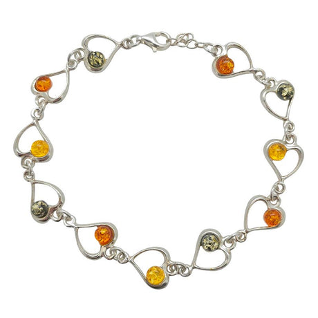 The Multi-Color Baltic Amber Sterling Silver Heart Bracelet (8" long) features open heart-shaped links, each accented with small round Baltic amber stones in yellow, green, and orange.