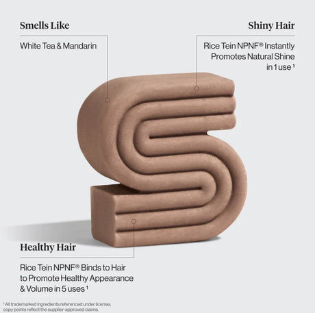 A brown, S-shaped KITSCH Rice Water Protein Solid Shampoo Bar for Hair Growth (3.2oz) is shown with labeled benefits: it features a refreshing white tea and mandarin scent, enhances hair shine after just one use, and supports healthy hair appearance and increased volume within five uses. This sustainable shampoo bar also helps boost hair volume while caring for the planet.