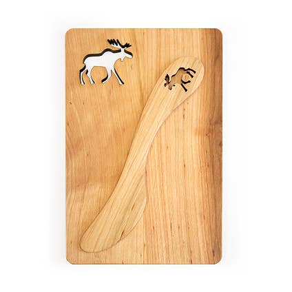 Sandwich Board & Spreader: Moose, featuring an eco-friendly board with a moose-shaped cutout and a matching wooden butter knife adorned with a charming moose design.