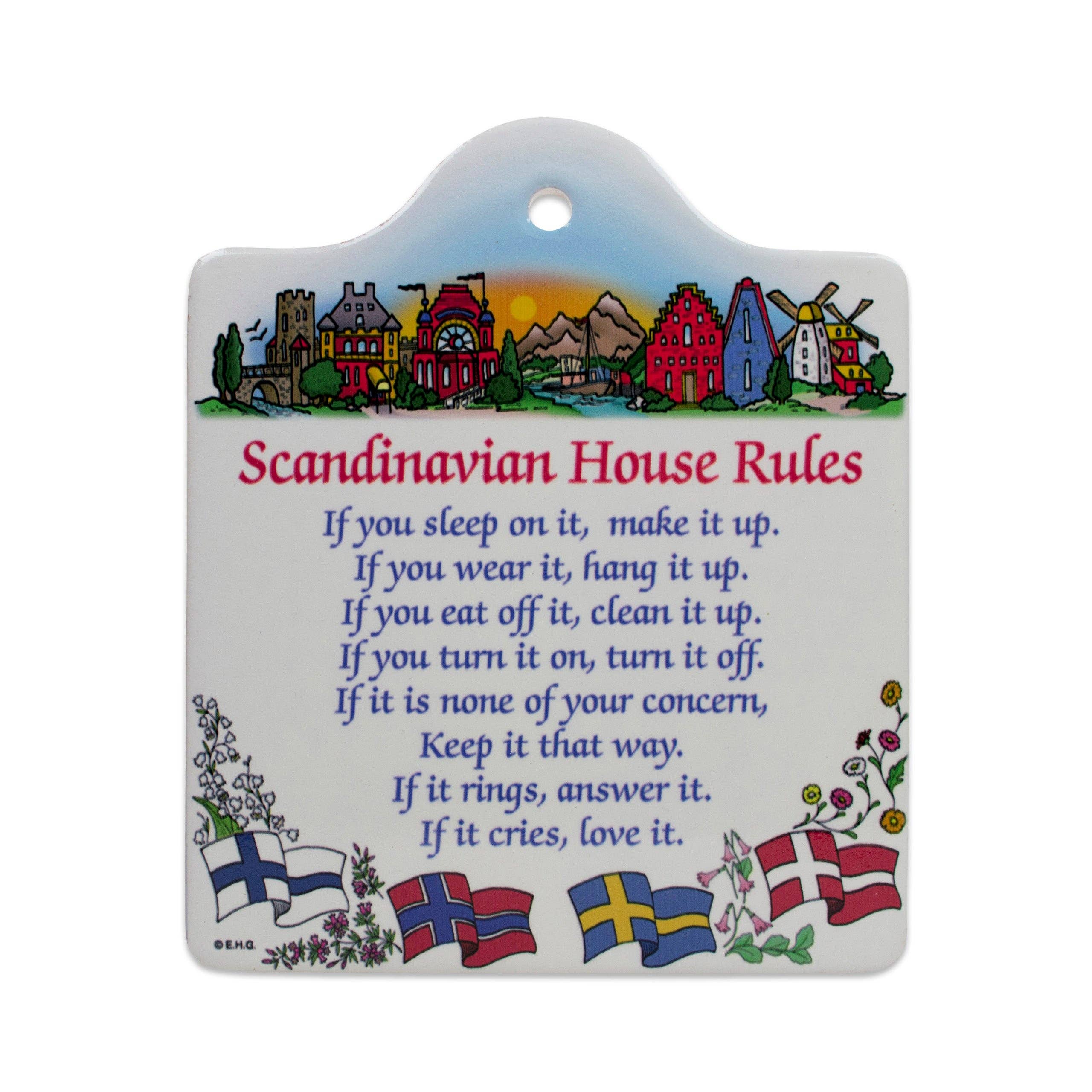 The Tile: Scandinavian House Rules Cork Backed Ceramic Cheeseboard is a charming piece featuring illustrations of landscapes and flags from Scandinavian countries, offering tidiness advice. Its the perfect cultural touch for your kitchen decor.